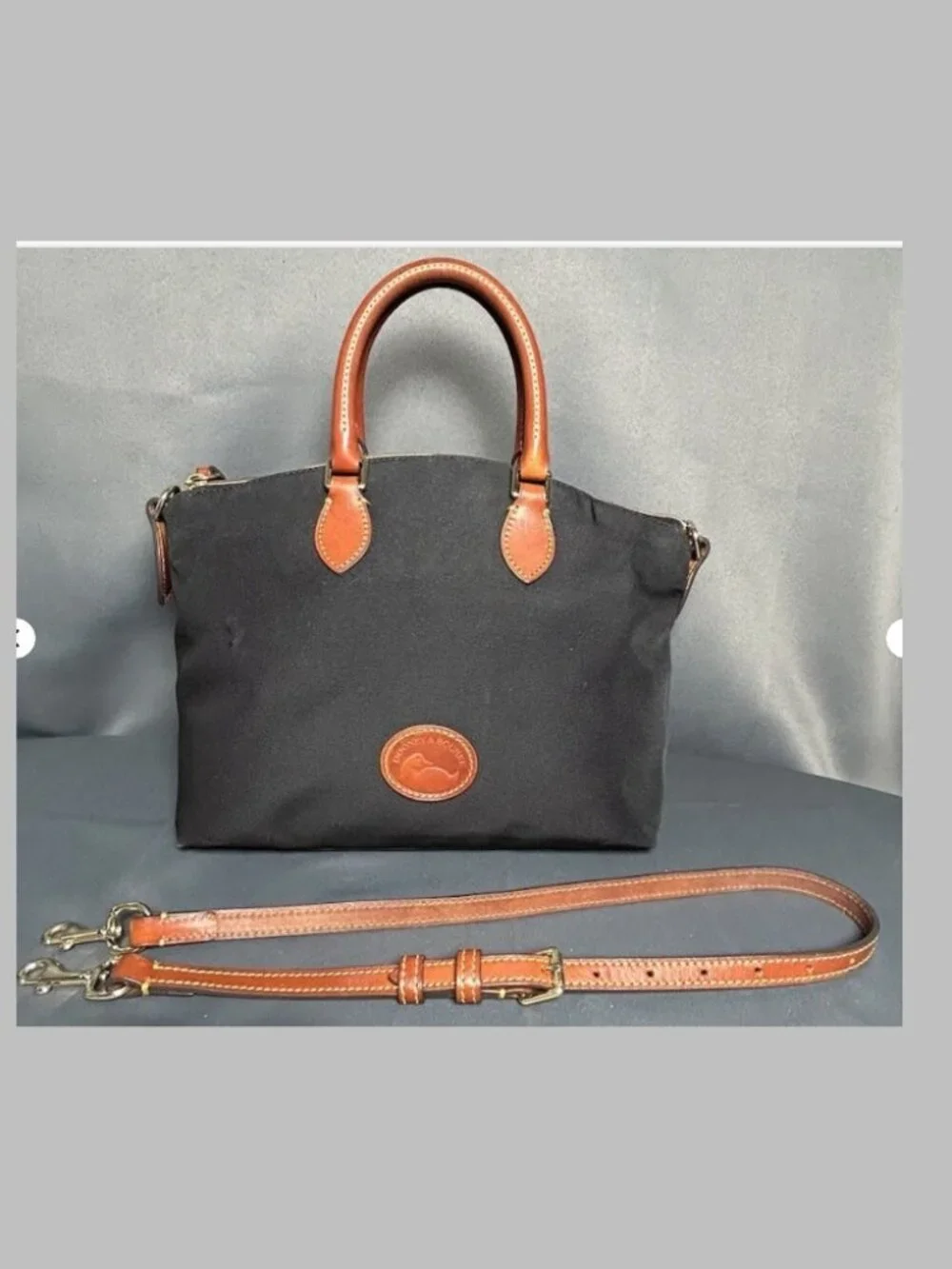 Dooney & Bourke Black Nylon Satchel Shoulder Tote Bag Brown Leather Trim COA